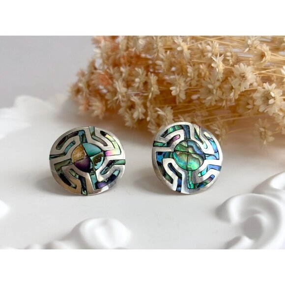 Abalone Geometric Modernist Taxco Sterling Silver Mexican Made Southwest Studs - Picture 3 of 9